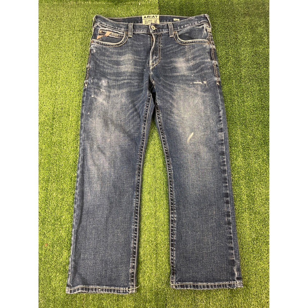 Ariat M4 Relaxed Boot Cut Jeans Mens 34x30 Blue Distressed Denim Western Work